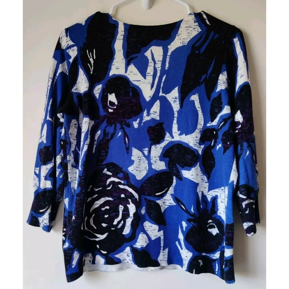 Dana Buchman‎ 3/4 Sleeve Black/Blue/White Floral Button Up Cardigan Size Large